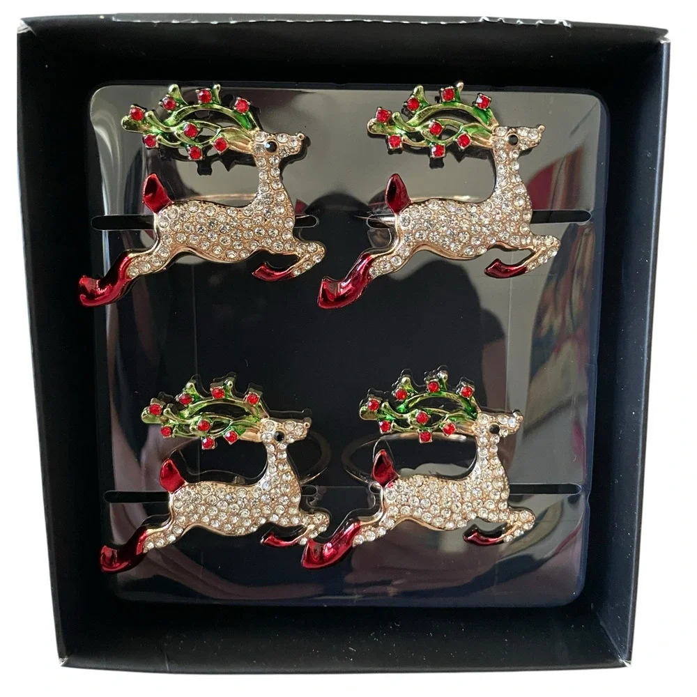 Nicole Miller Christmas Rhinestone Reindeer Napkin Rings Set of 4 Holiday Glam